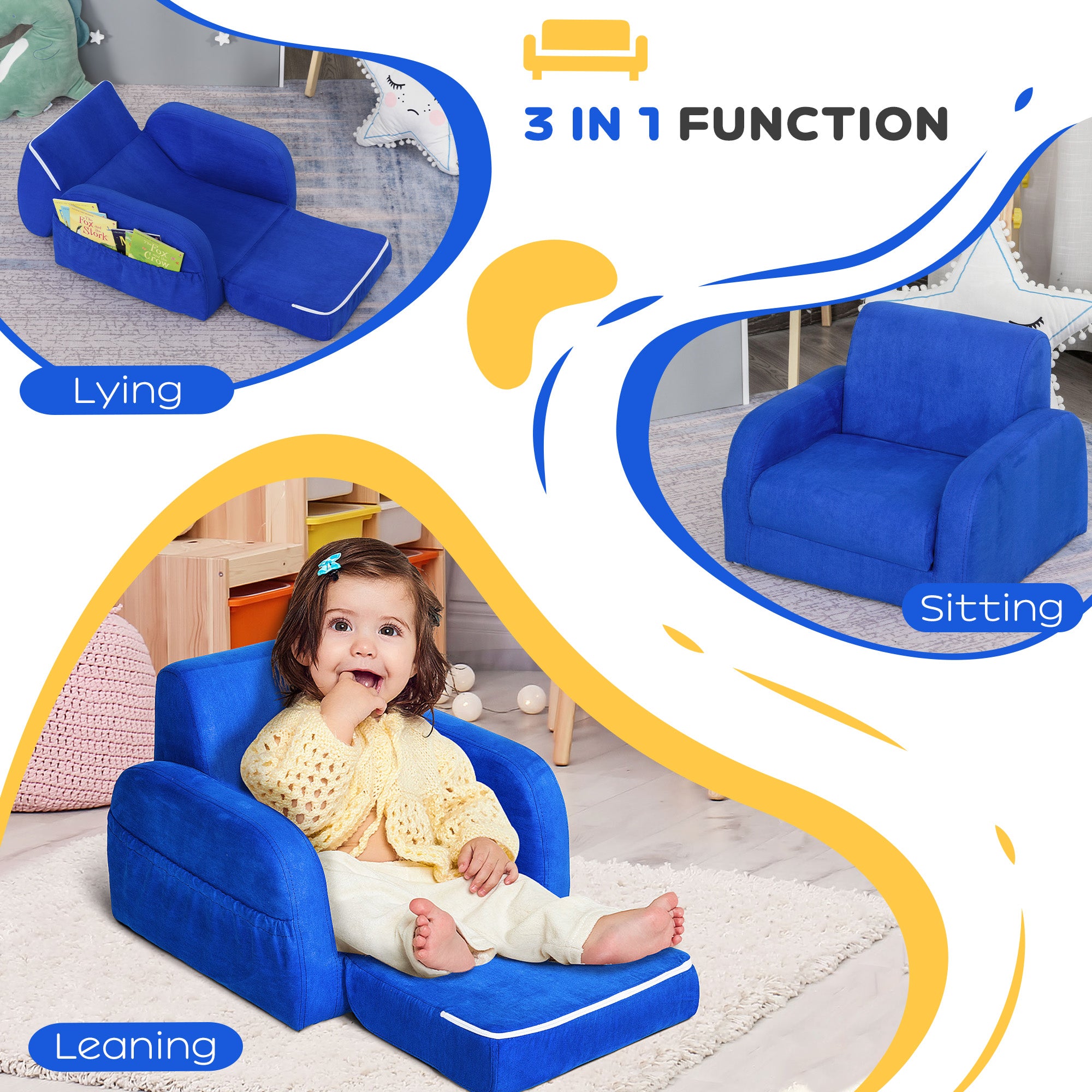 2 In 1 Kids Armchair Sofa Bed Fold Out Padded Wood Frame Bedroom Blue