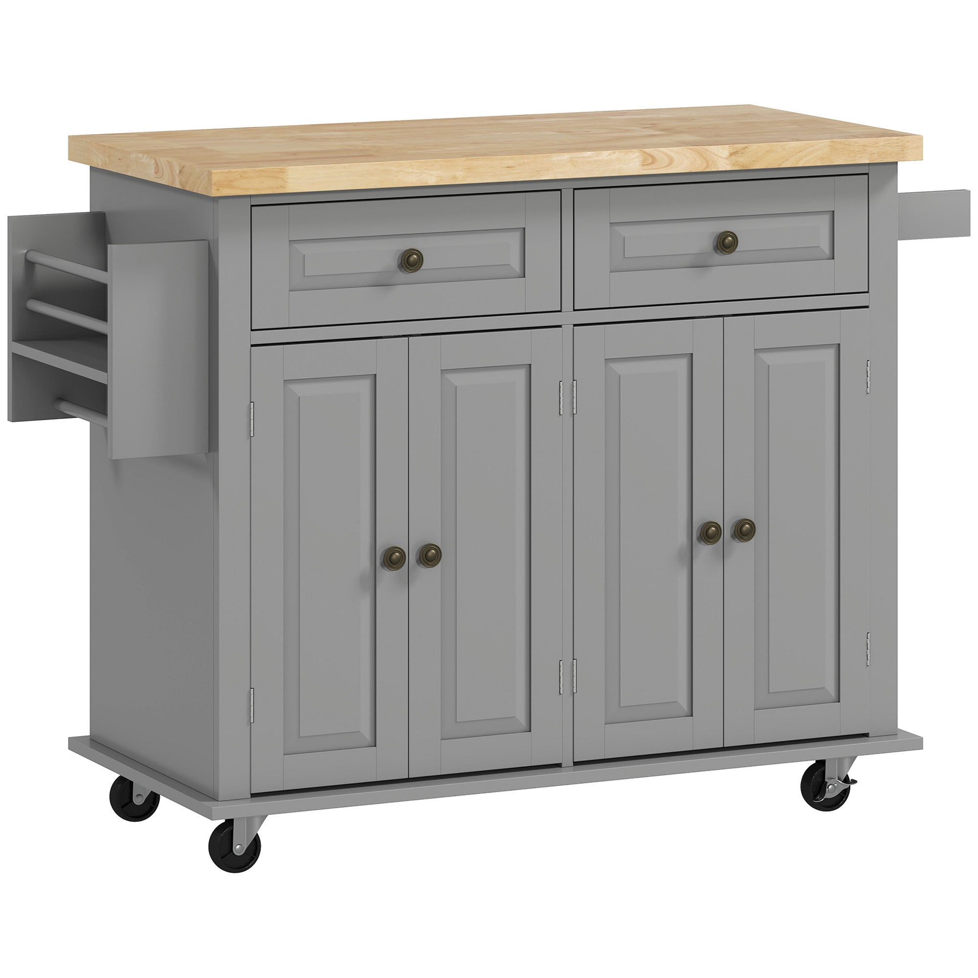 Rolling Kitchen Island Storage Trolley with Rubber Wood Top & Drawers for Dining Room, Grey
