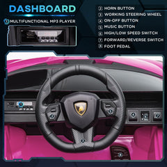 Lamborghini Sian Licensed 12V Kids Electric Ride On Car 2 Motors Toy Car with Remote Control Music Lights MP3 for 3-5 Years Pink