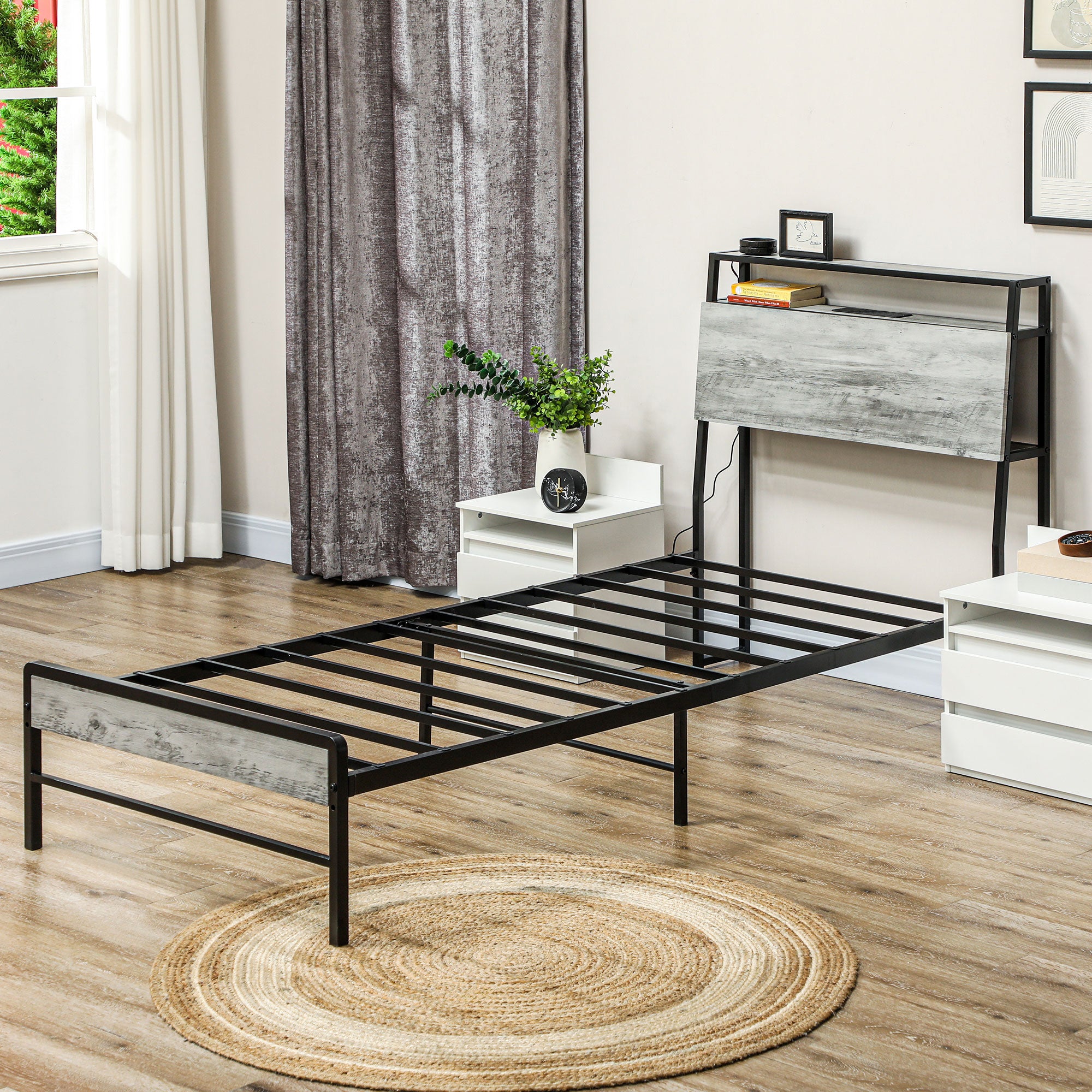 Single Steel Bed Frame, with LED Lights and Headboard Shelf - Grey