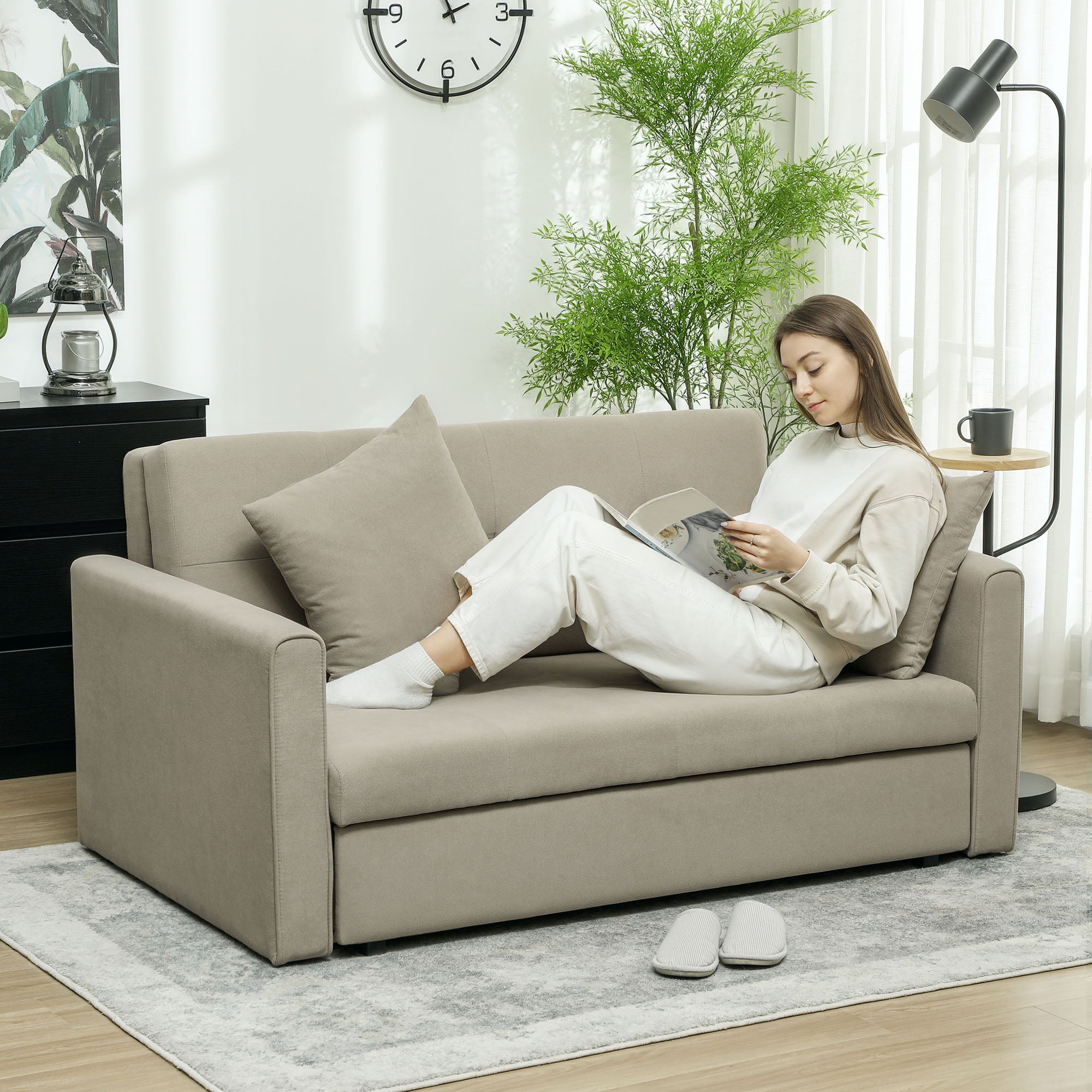 2 Seater Sofa Bed, Convertible Bed Settee, Modern Velvet Loveseat Sofa Couch with 2 Cushions, Hidden Storage for Living Room, Guest Room, Light Brown
