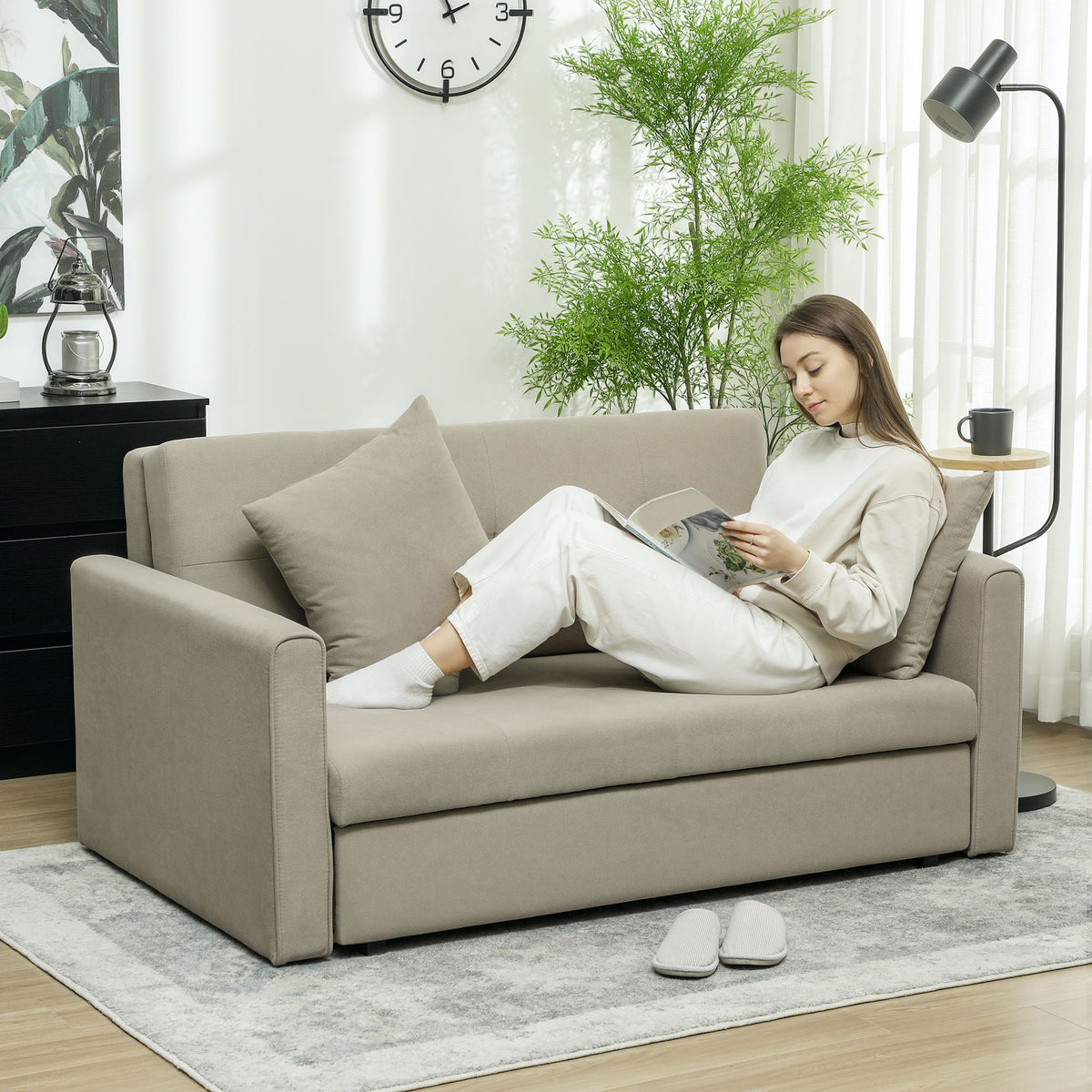 2 Seater Sofa Bed, Convertible Bed Settee, Modern Velvet Loveseat Sofa Couch with 2 Cushions, Hidden Storage for Living Room, Guest Room, Light Brown