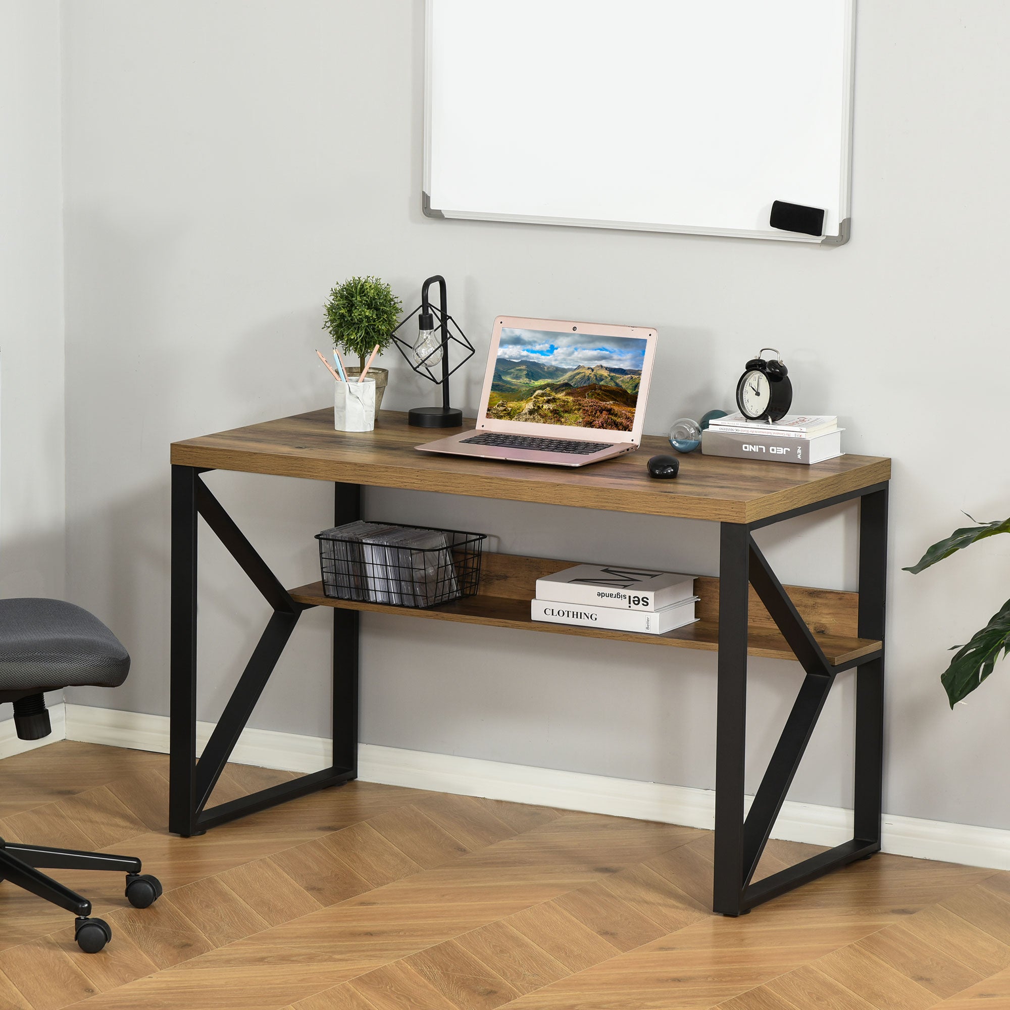 Fynco - Computer Desk Writing Desk Home Office PC Laptop Workstation with Storage Shelf 120 x 60 x 76cm Black Brown Wood Effect