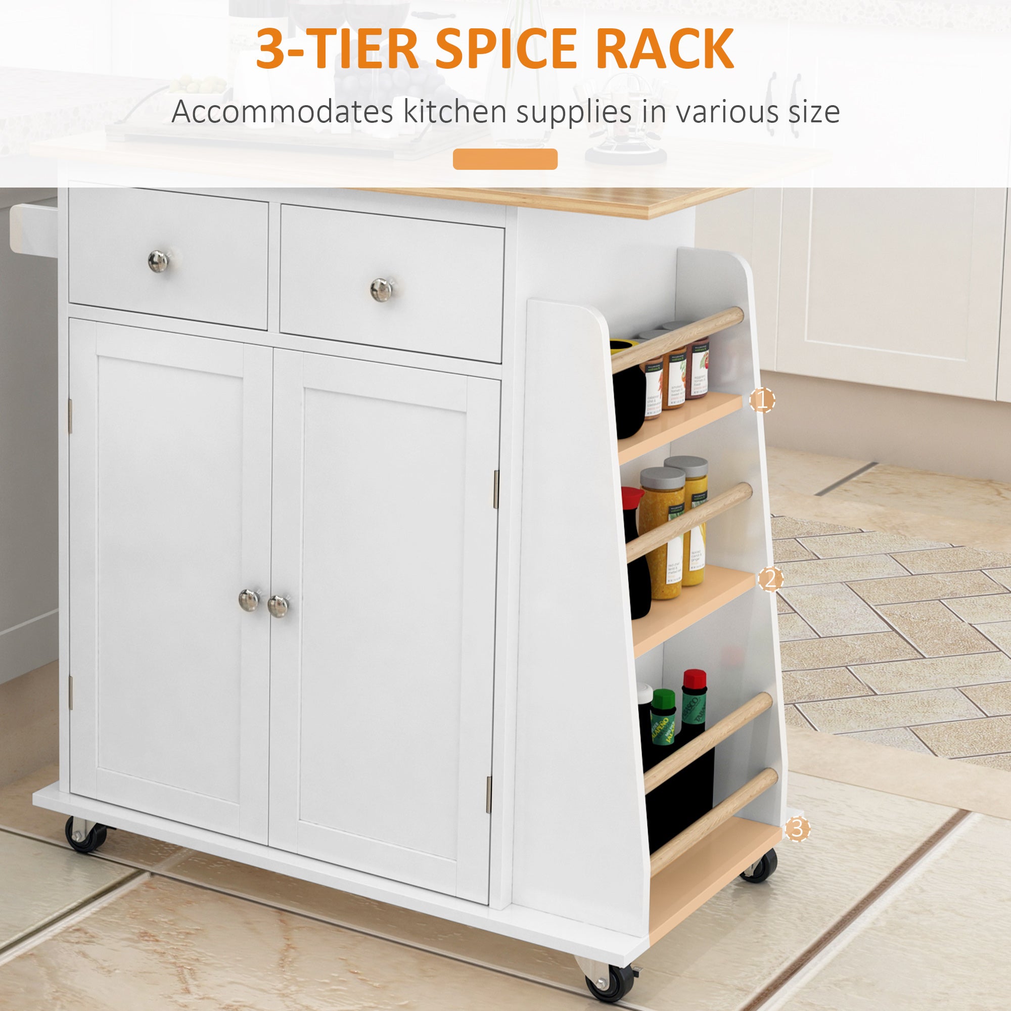 Kitchen Island on Wheels, Mobile Storage Trolley, Rolling Kitchen Cart with Rubber Wood Top, 2-Door Cabinets, 2 Drawers, Adjustable Shelf, 3-Tier Spice Rack, Drawers