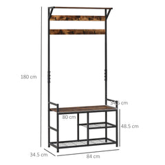 Coat Rack Stand Shoe Storage Bench with 9 Hooks Shelves for Bedroom Living Room Entryway Brown and Black 180cm