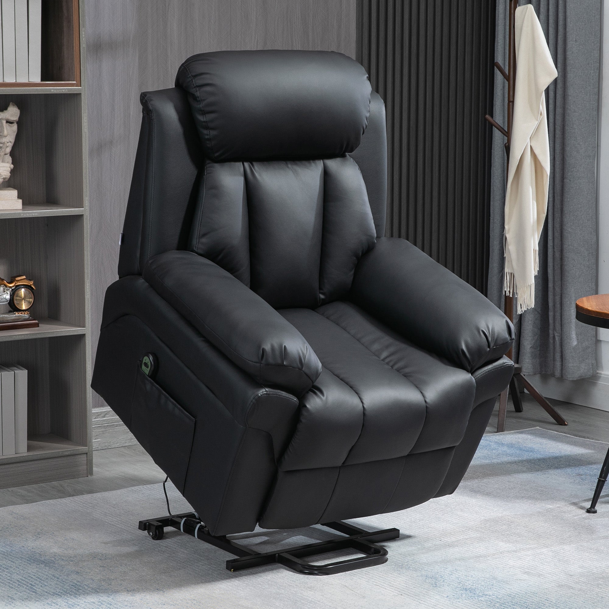 Fynco - Power Lift Chair Recliner for Elderly, Electric Recliner Chair, Overstuffed Faux Leather Riser and Reclining Armchair with Remote Control, Side Pockets, for Living Room, Black