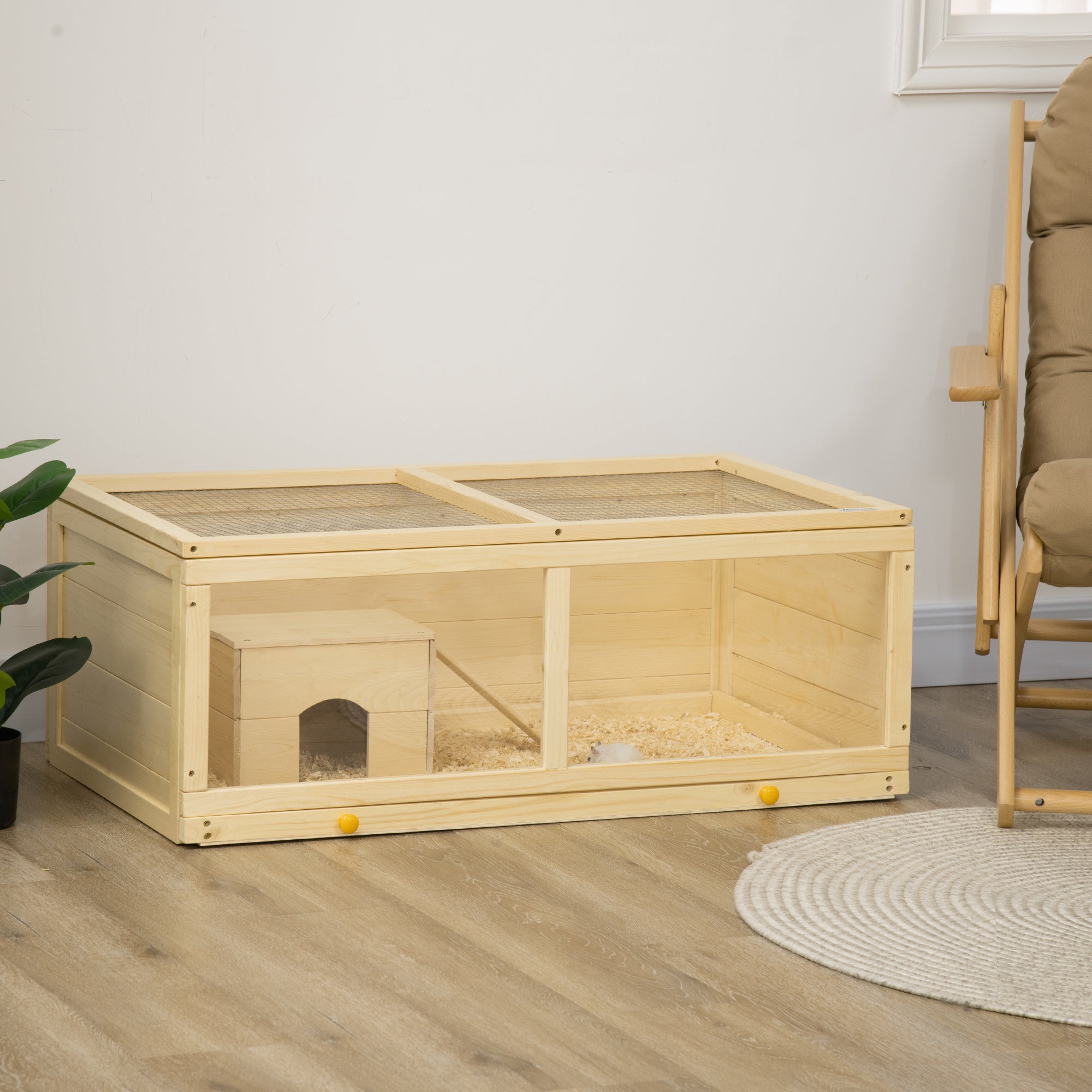 Wooden Hamster Cage with Sliding Tray, Openable Top, Hut for Syrian Hamster, Natural Wood Finish