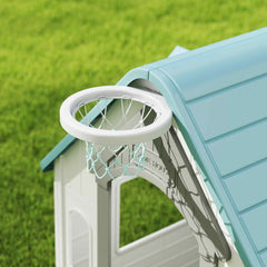 AIYAPLAY 5-in-1 Playhouse for Kids Outdoor Indoor with Basketball Hoop, Football Goal, Dartboard, Ring Toss for 2-5 Years, Beige