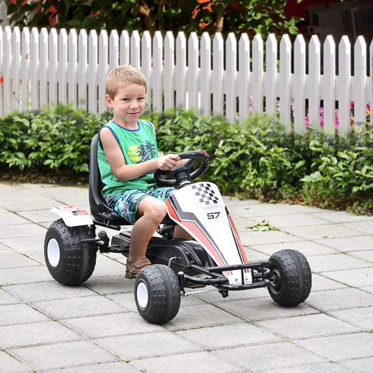 Kids Children Pedal Go Kart Manual Ride On Car w/ Brake Gears Steering Wheel Adjustable Seat 4 Smooth Wheels Racing-Style White 104 x 66 x 57 cm