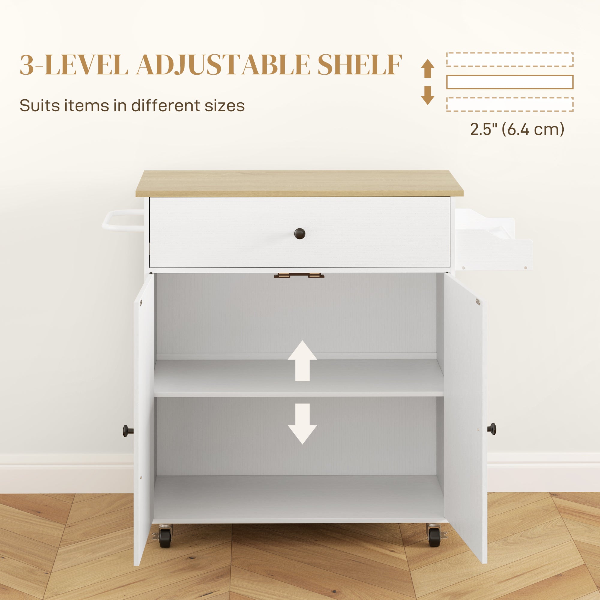 Fynco - Rolling Kitchen Island with Drop Leaf, Kitchen Storage Cart with Drawer, Spice Rack and Towel Rack, White