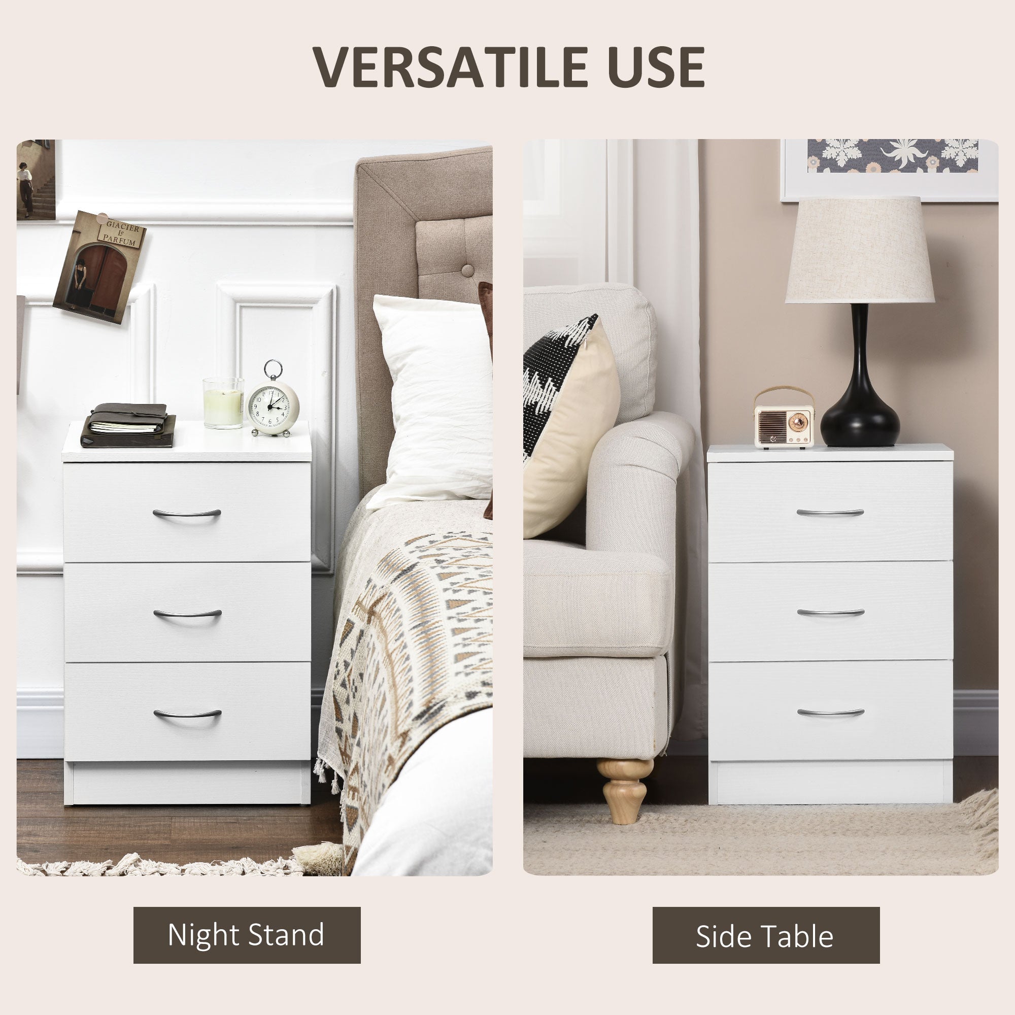 Three-Drawer Simple Bedside Table - White