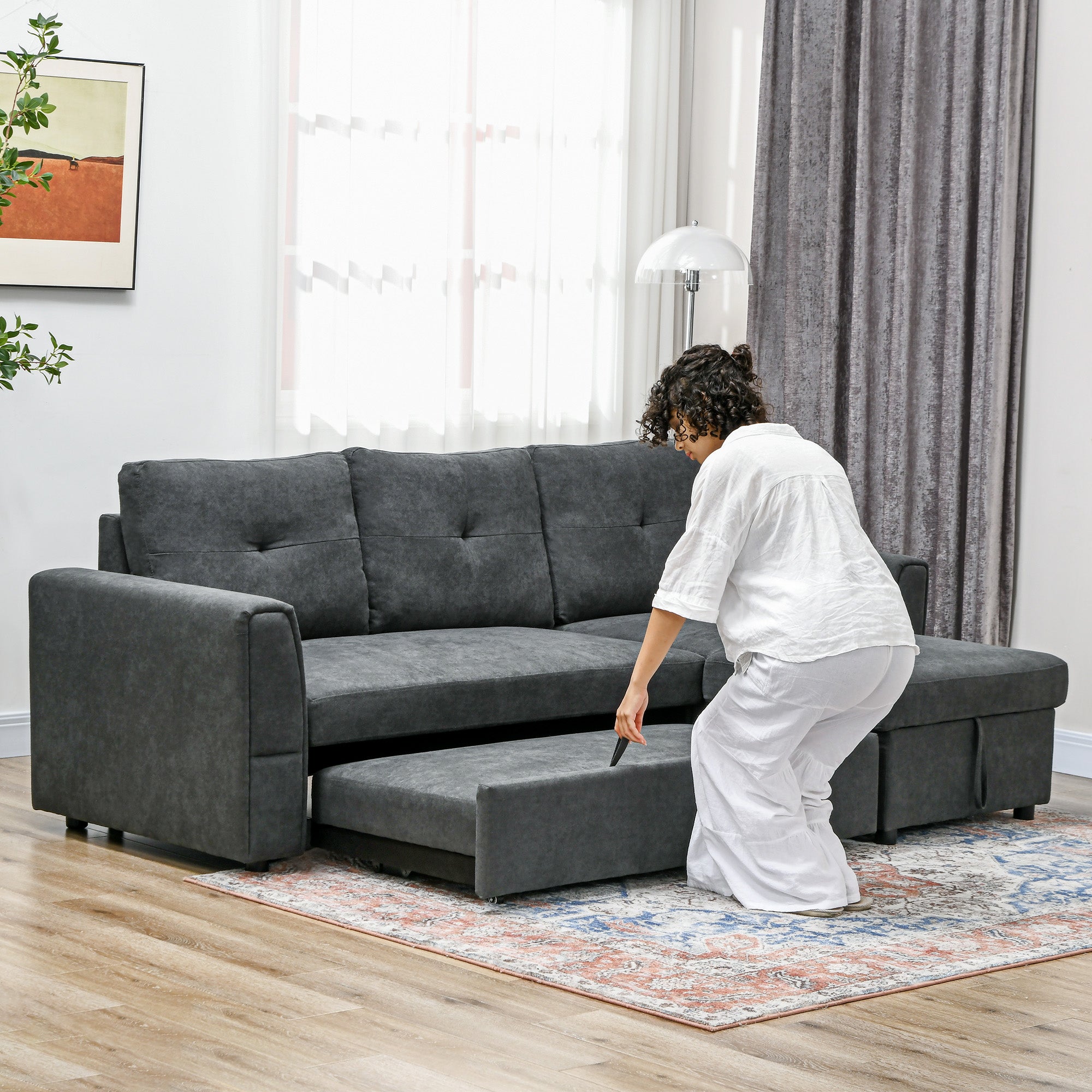 3 Seater Sofa Bed, L Shaped Pull Out Sofa Bed with Storage, Convertible Click Clack Settee Sectional Sleeper Futon for Living Room, Office, Dark Grey