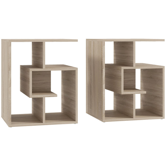 Side Table, 3 Tier End Table with Open Storage Shelves for Living Room, Bedroom, Set of 2, Oak