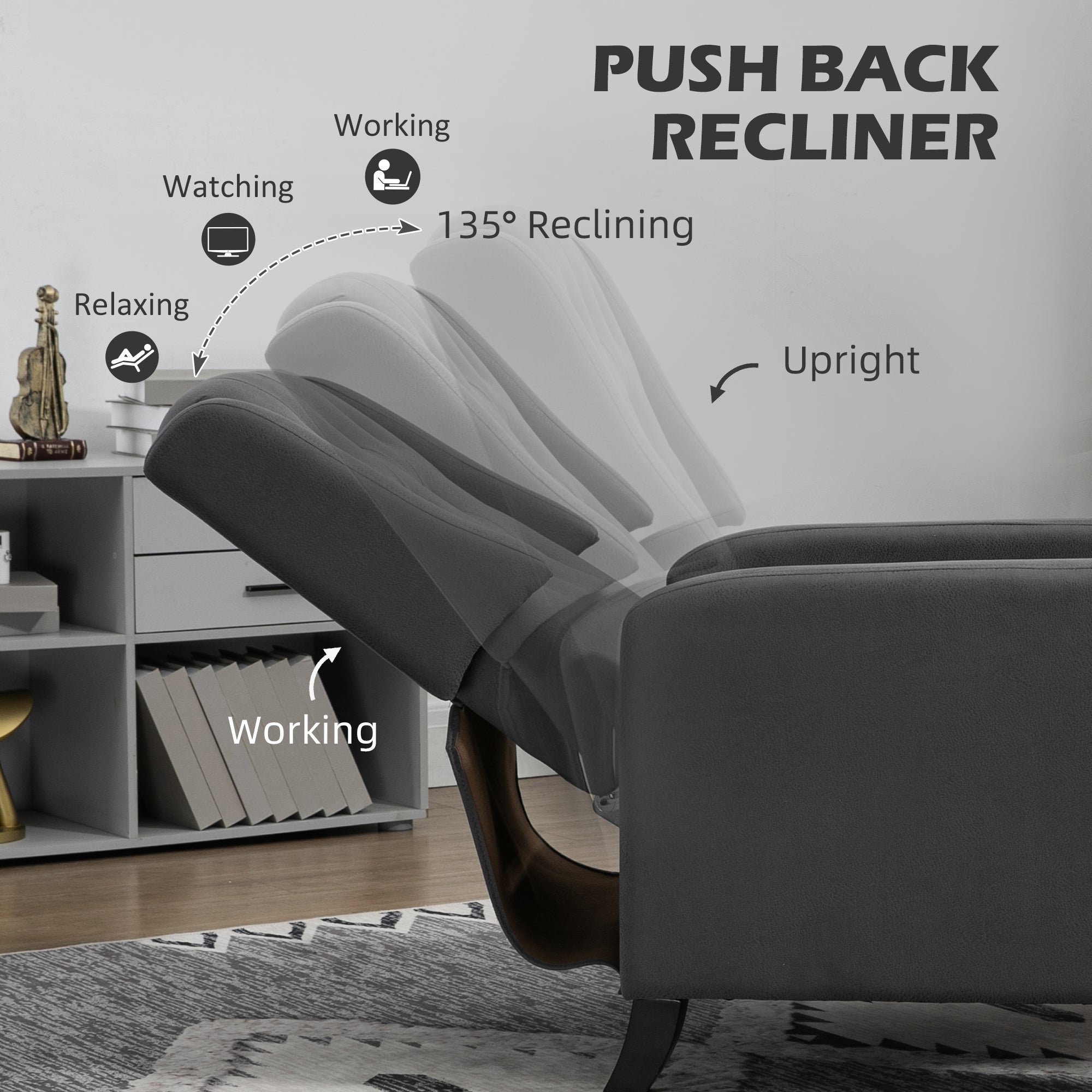 Wingback Recliner Chair for Home Theater, Button Tufted Microfibre Cloth Reclining Armchair with Leg Rest, Deep Grey