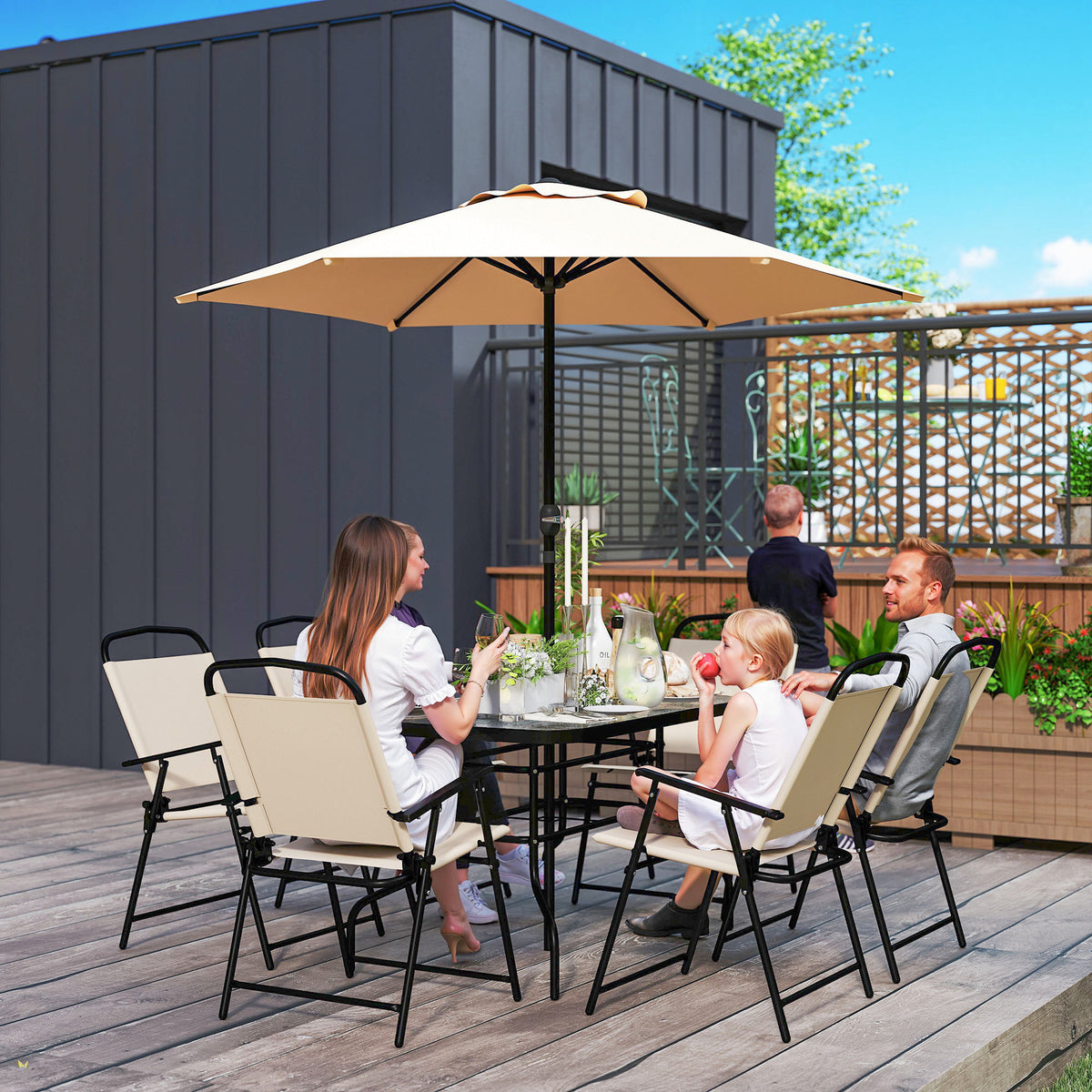 8 Pieces Garden Dining Set with Umbrella, Patio Sets with Parasol with 6 Foldable Chairs, Glass Top Table, and Sun Parasol, Beige