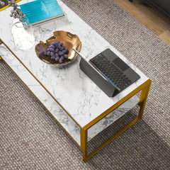 Coffee Table, Two-Tier Marble Centre Table with Metal Frame and Storage Shelf for Living Room, 106 x 50 x 45cm, White