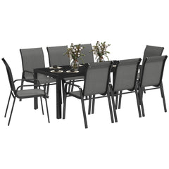 8 Seater Garden Dining Set with Stacking Chairs, Rectangular Tempered Glass Top, Garden Furniture Set, Outdoor Dining Table and Chairs for Patio, Balcony, Poolside, Dark Grey