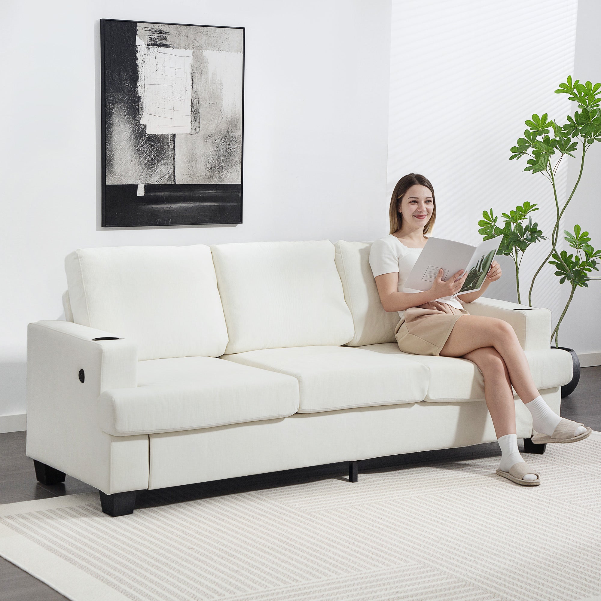 Fynco - 3 Seater Sofa with USB Ports & Cup Holders - Cream White