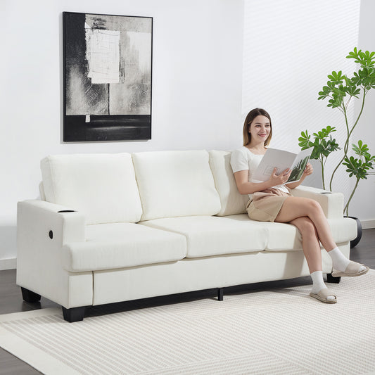 Fynco - 3 Seater Sofa with USB Ports & Cup Holders - Cream White