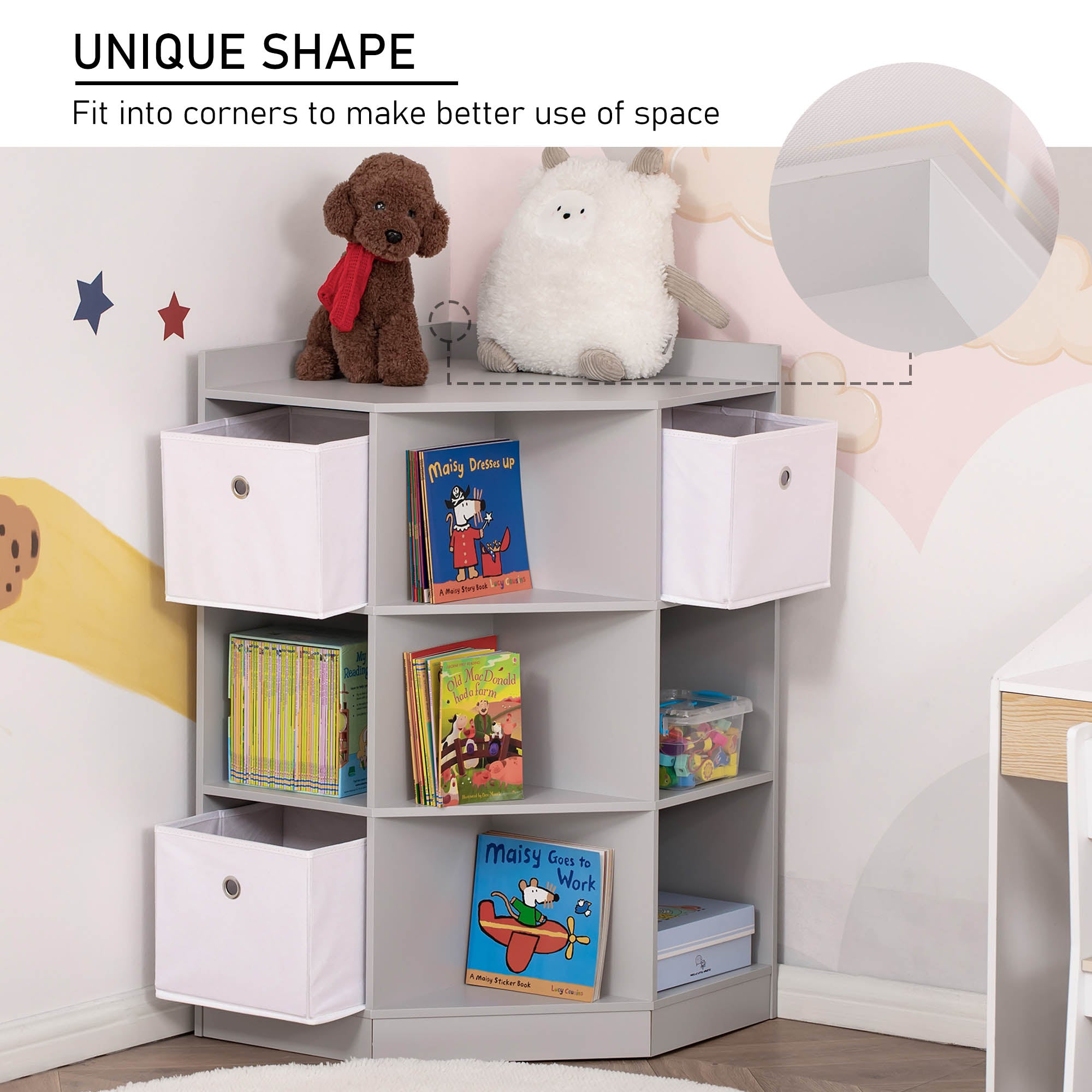 Kids Bookcase, 3 Tier Toy Organiser Storage Unit BookShelf with 3 Non-woven Fabric Drawers, Anti-tip Device, for Bedroom, Children's Room, Playroom, Grey