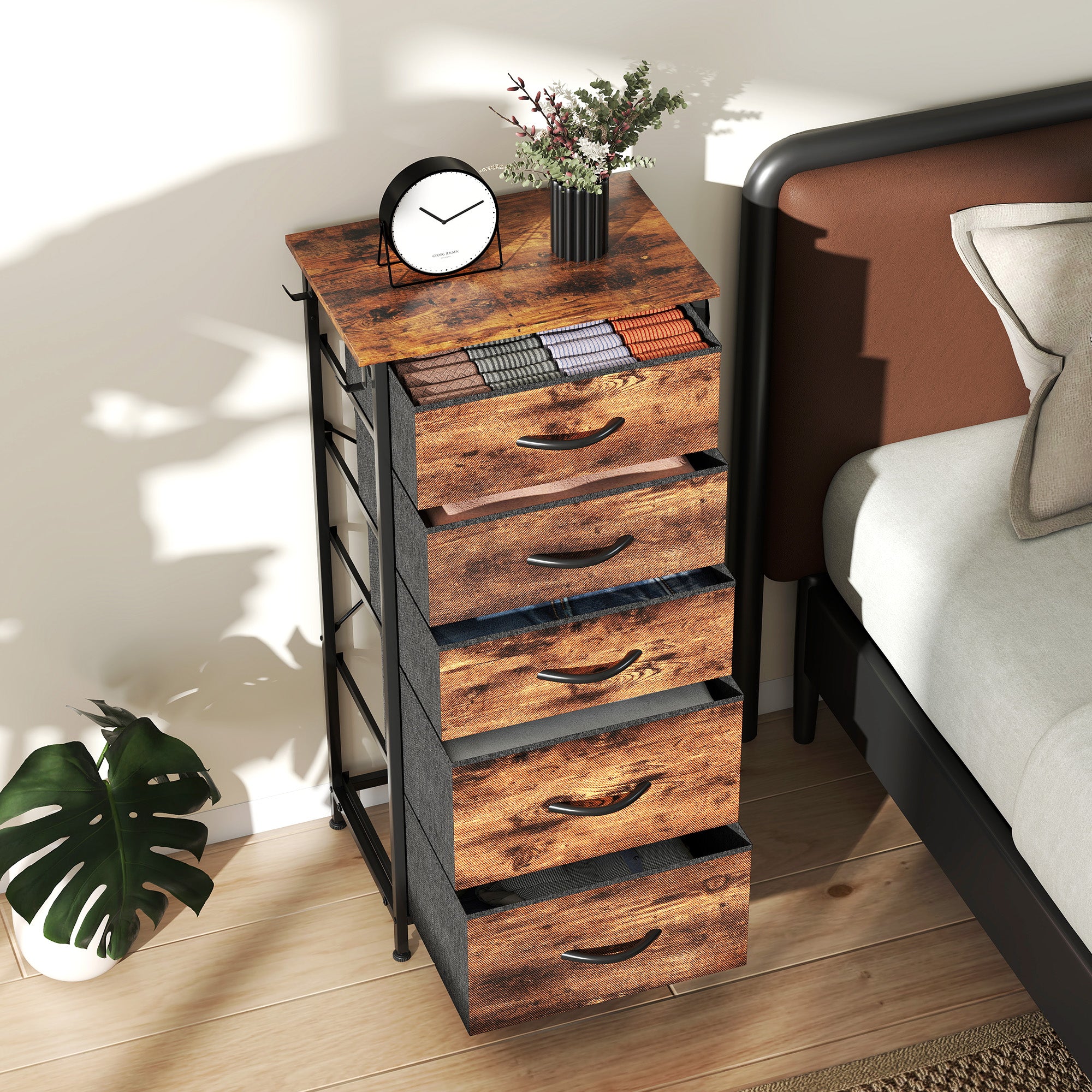 Chest of Five Fabric Drawers - Rustic Brown