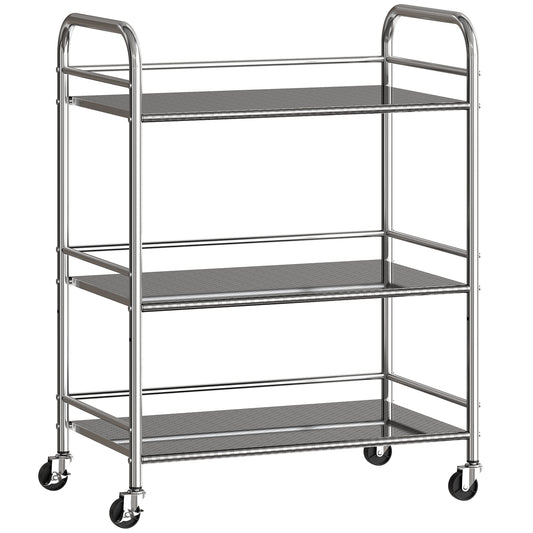 Fynco - 3 Tier Stainless Steel Kitchen Storage Trolley with Adjustable Shelf - Silver