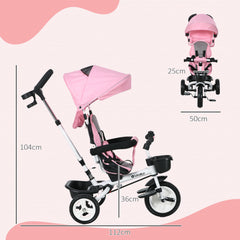 Metal Frame 6 in 1 Baby Push Tricycle with Parent Handle for 1-5 Years Old, Pink