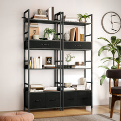 Fynco - Industrial Bookcase, 6-Tier Tall Bookshelf with 3 Fabric Drawers - Grey