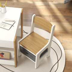 Three-Piece Kids Table and Chair Set with Blackboard, Storage, Bookshelves - Natural Wood