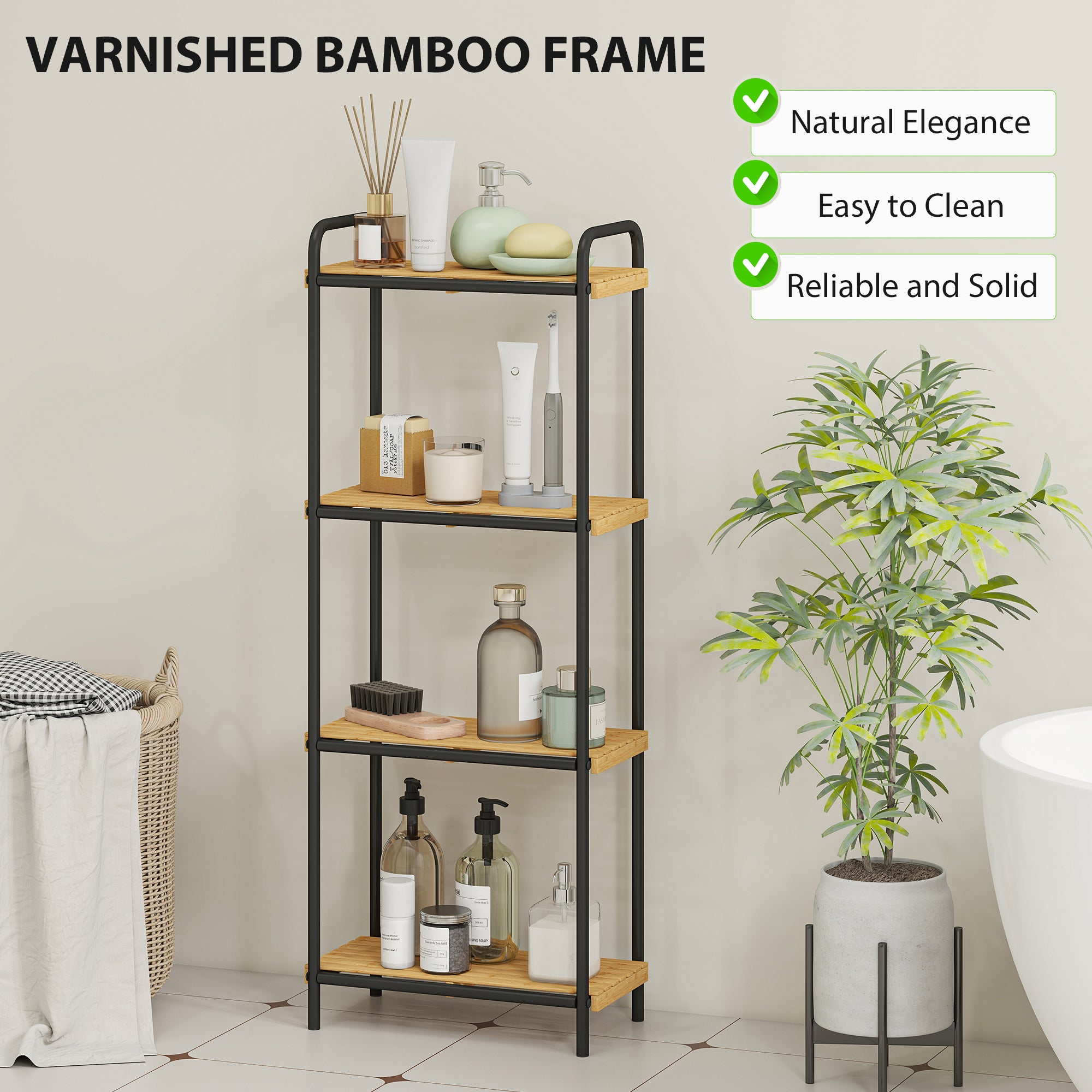 Fynco - 4-Tier Bamboo Bathroom Storage Shelf, Freestanding Narrow Shelving Unit with Slatted Shelves for Kitchen Bathroom Living Room, 41.5 x 21.5 x 106 cm, Natural and Black