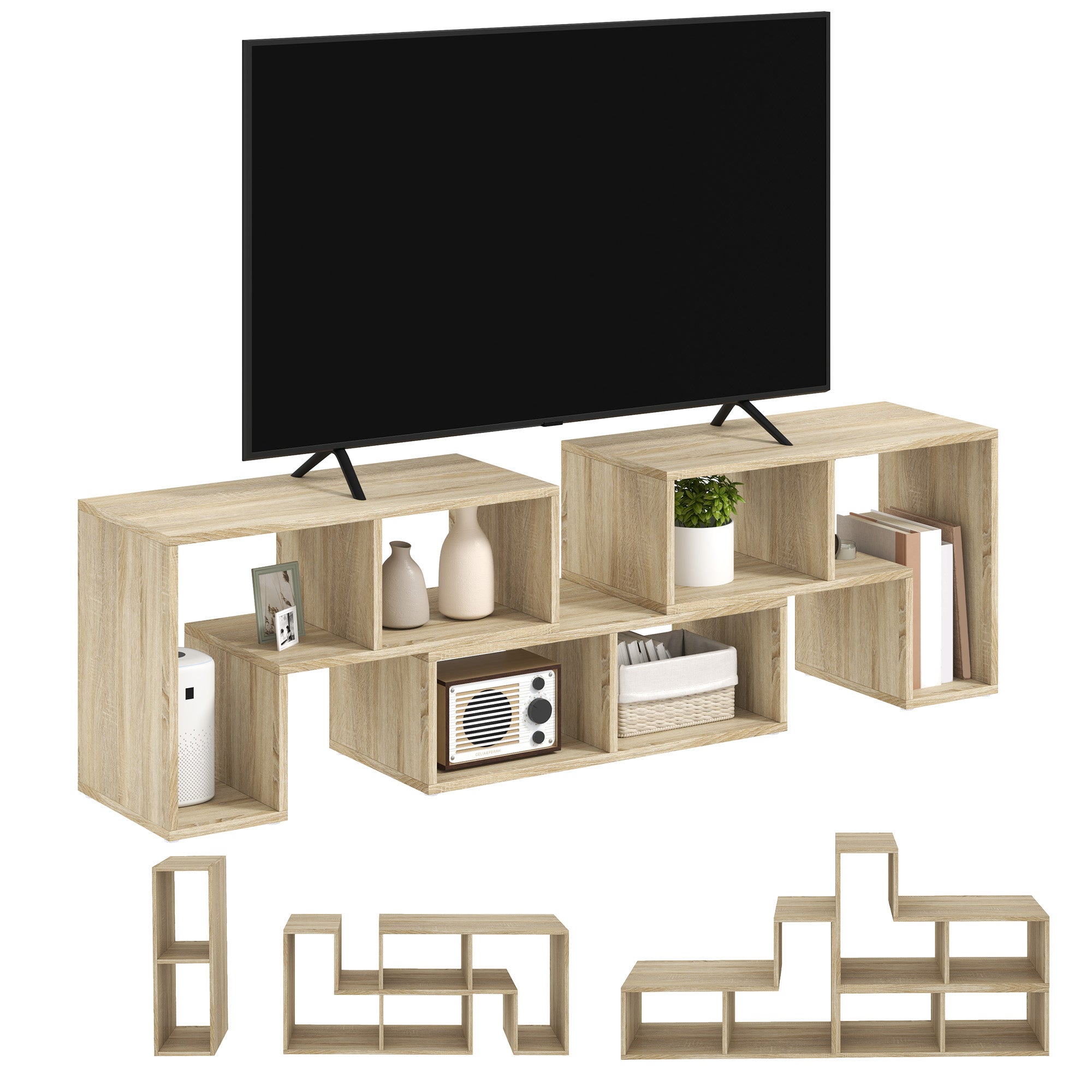 TV Stand for TVs up to 75 Inches, Free Combination TV Unit with Storage Shelves, Extendable Entertainment Centre for Living Room, Grey Oak Wood Grain