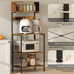 Fynco - Bakers Rack with Power Outlet, USB Charger, Microwave Stand with Adjustable Shelves, 5 Hooks for Small Spaces, Kitchen Storage Unit for Spices, Pots and Pans, Rustic Brown