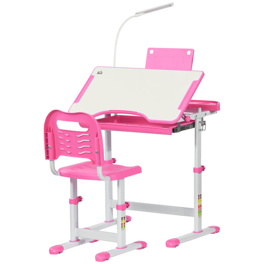 Kids Study Desk and Chair Set w/ Adjustable Height, Storage, Drawer, Pink