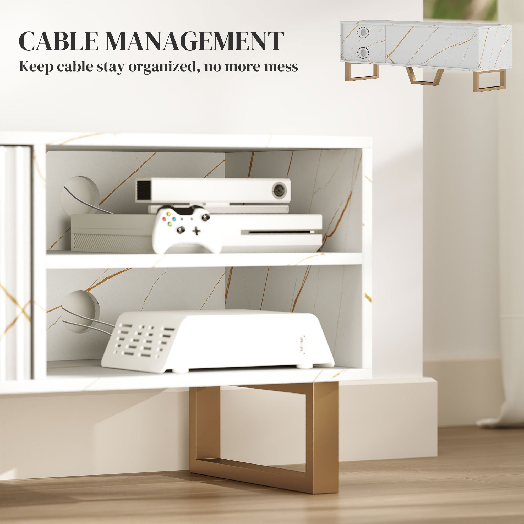 Marble Effect TV Unit, TV Stand Cabinet for up to 70" TVs, Modern TV Cabinet with Shelves and Storage Cupboard, Fluted Door, Extra Centre Leg, Cable Management for Living Room, White