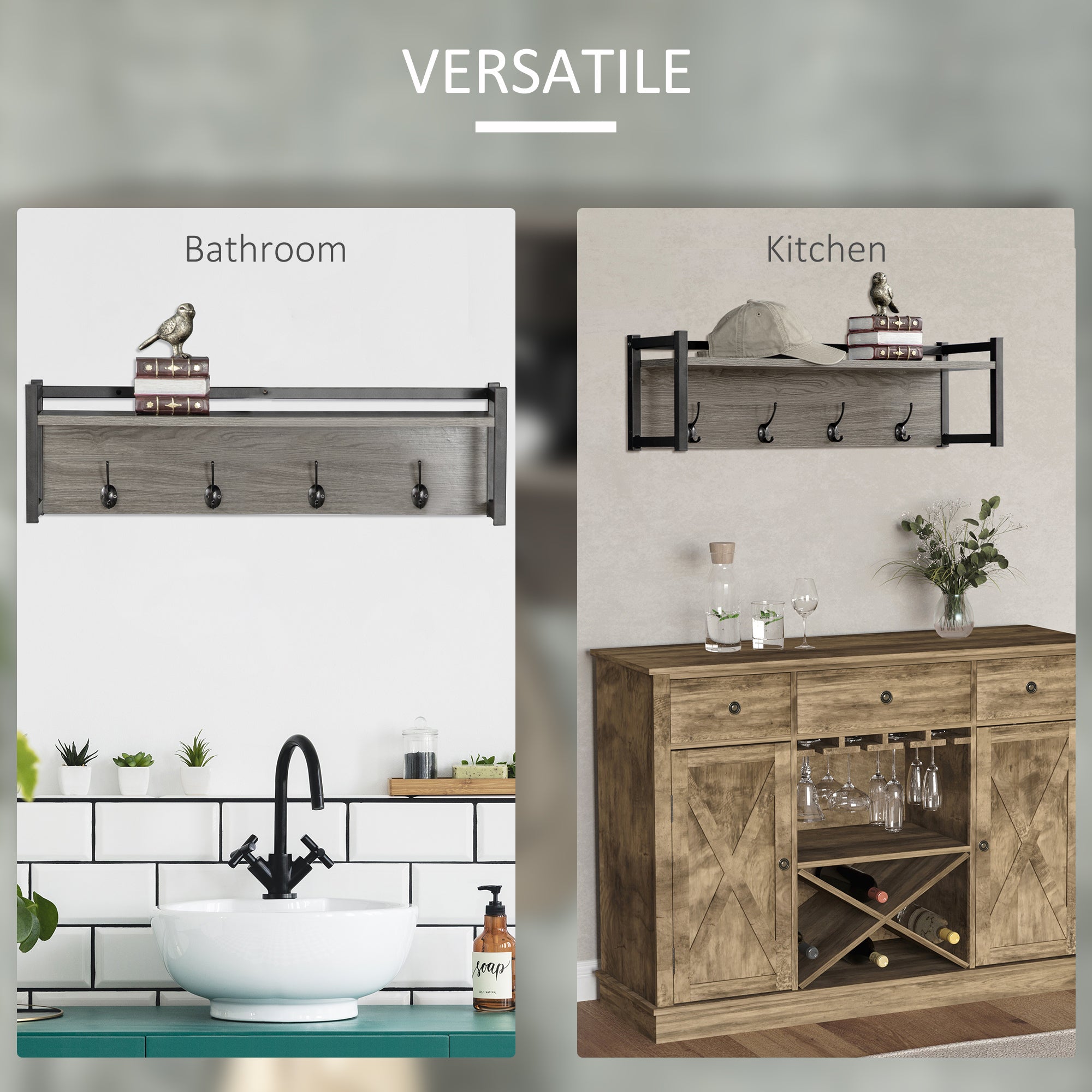 Wall Coat Rack with 4 Hooks Floating Shelf with Storage Rack for Keys, Clothes, Bags for Hallway, Entryway, 80 x 20 x 22.5 cm, Grey