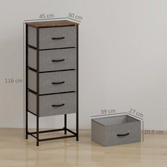 Fabric Chest of Drawers, Industrial Bedroom Dresser with 5 Fabric Drawers, Steel Frame and Wooden Top for Nursery, Living Room, Hallway, Rustic Brown and Grey
