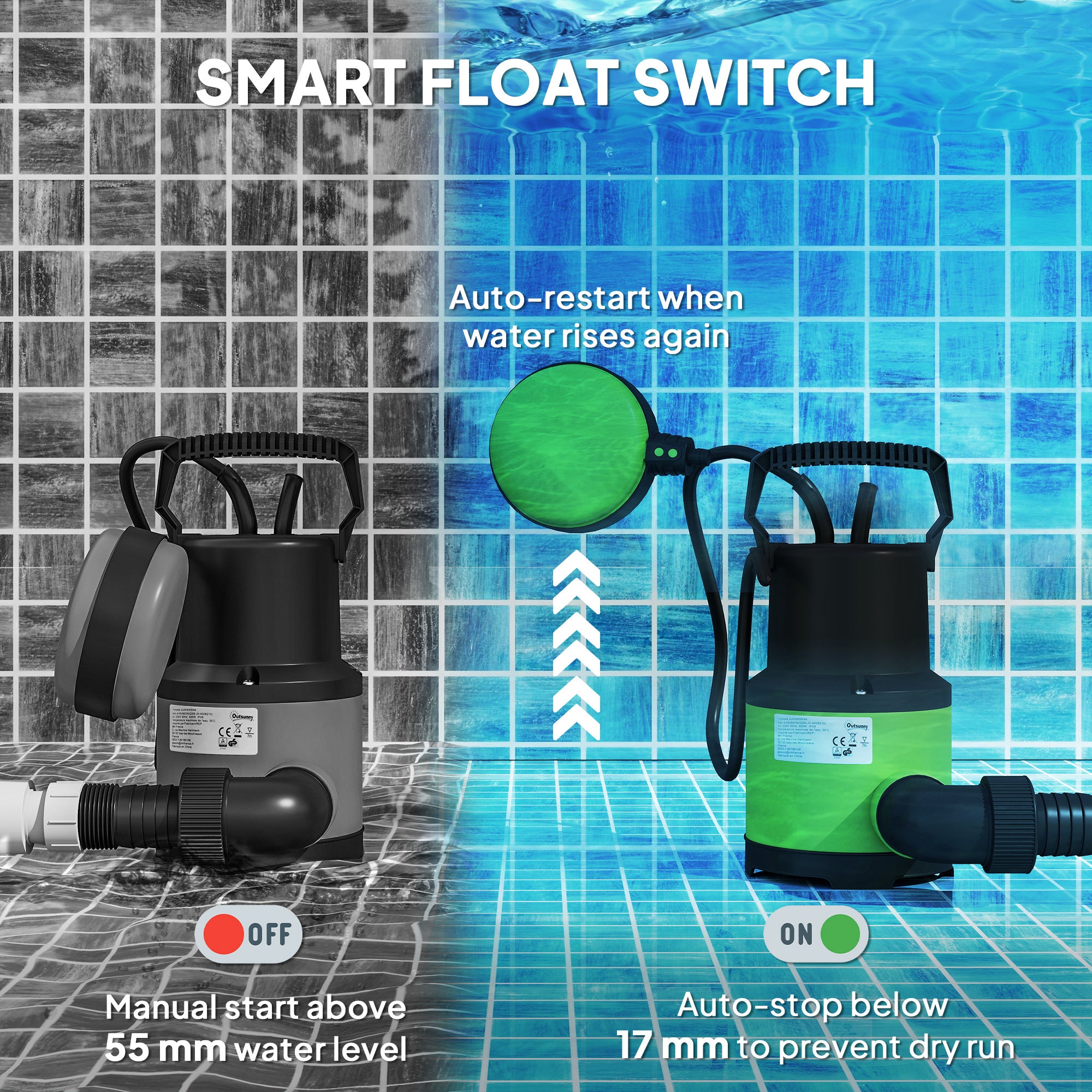 400W Submersible Water Pump for Dirty/Clean Water, 9000L/H Electric Sump Pump with Float Switch, Drain Water from Garden Pond, Hot Tub, Ditches, Portable and Lightweight
