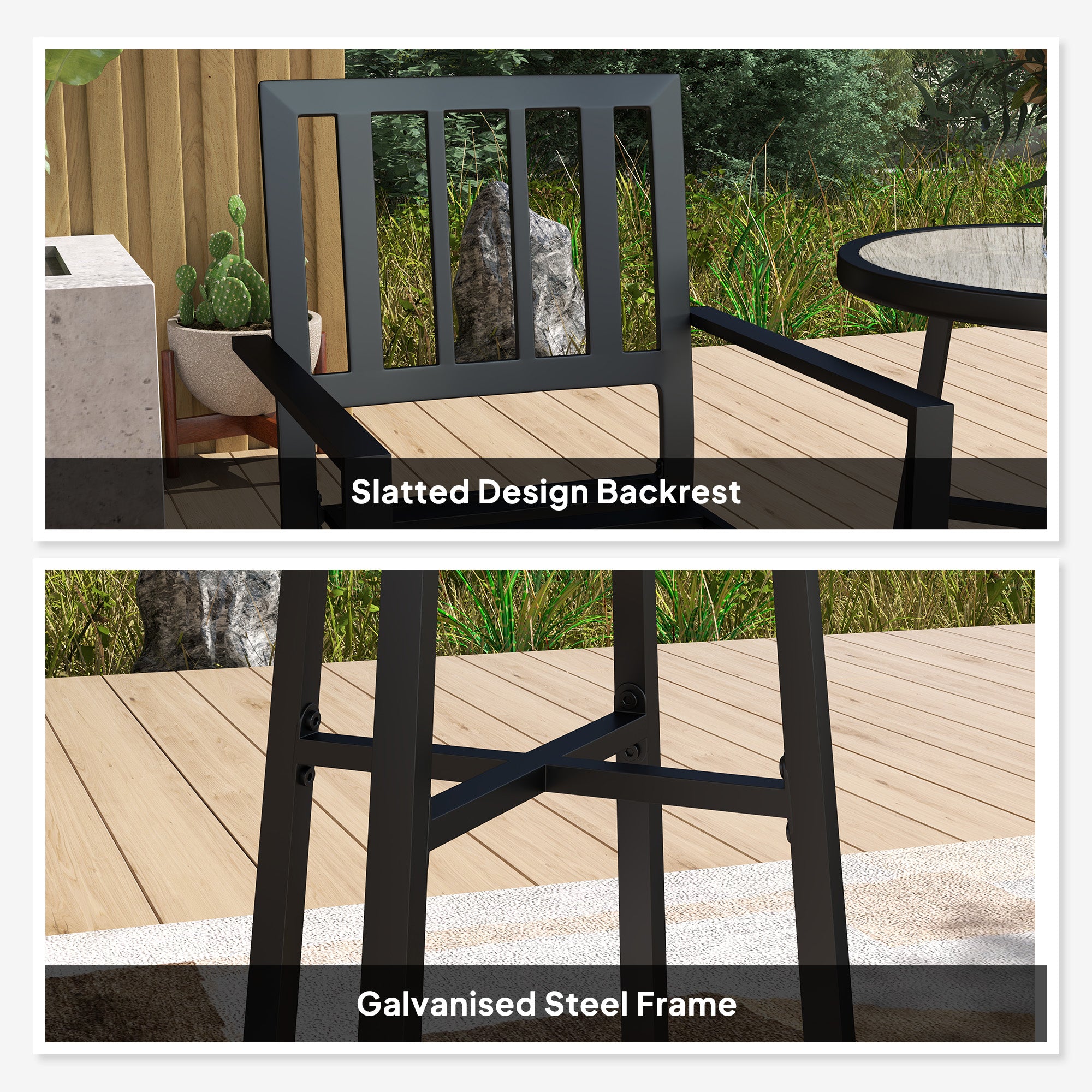 3 Piece Patio Bistro Set with Plastic Top, 2 Stackable Chairs, Galvanised Steel Frame, Grey