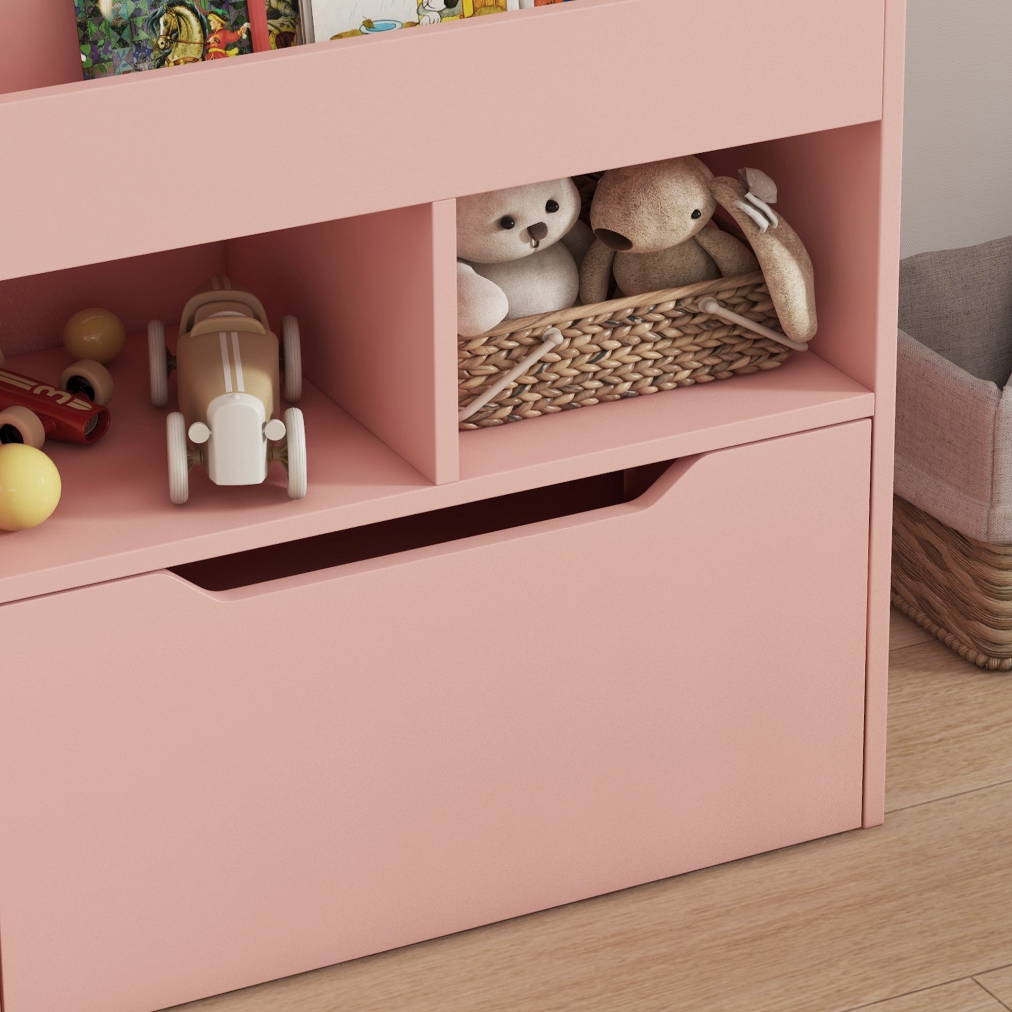 Kids Bookshelf, Toy Organiser, with Storage Drawer, Wheels - Pink
