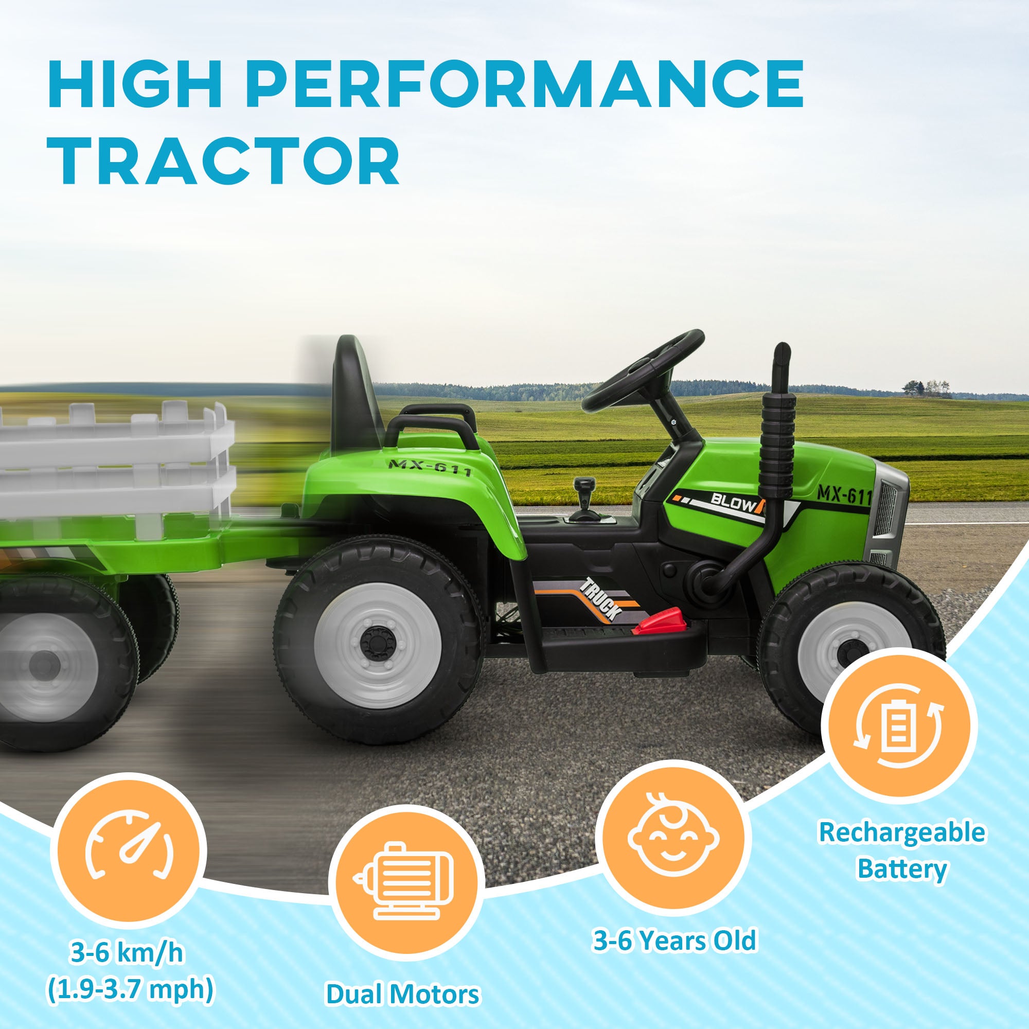 Ride On Tractor, Battery Powered Electric Car, with Detachable Trailer, Remote Control, Music - Green