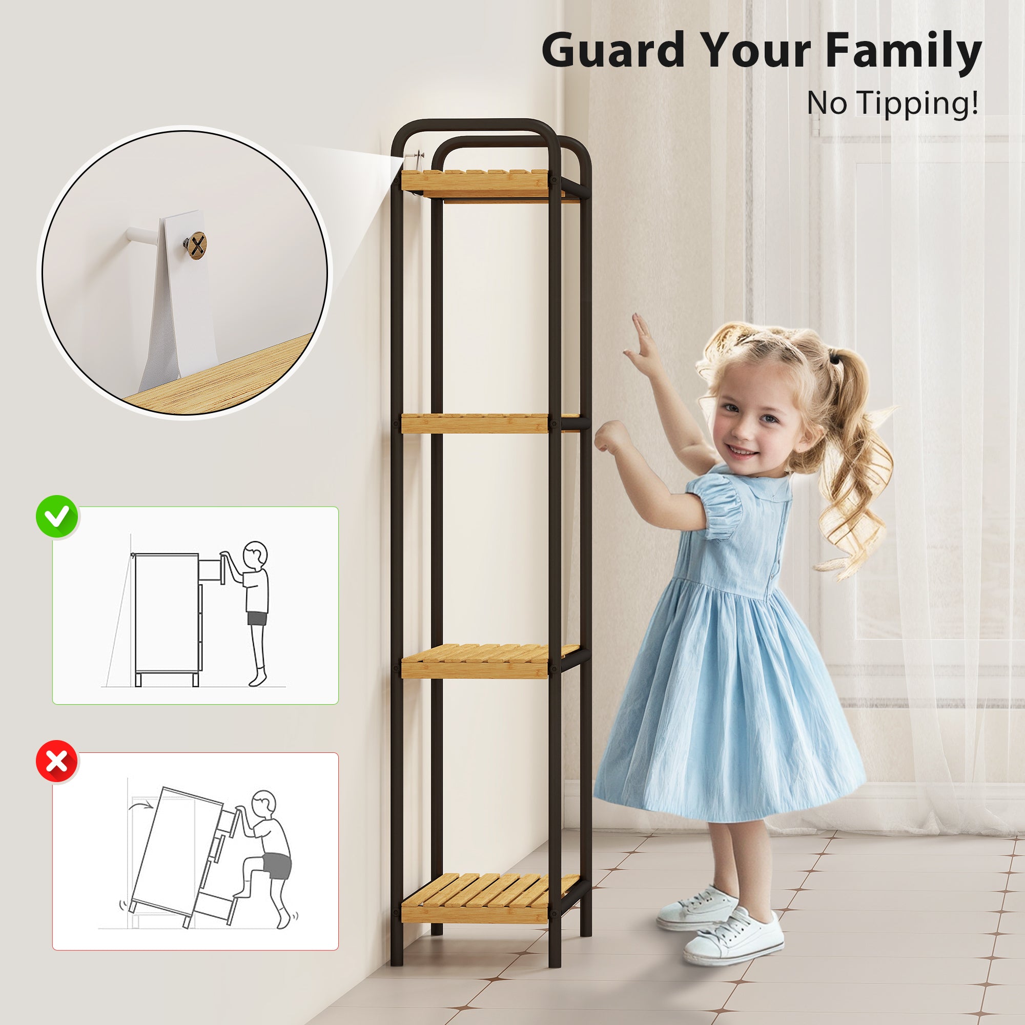 Fynco - 4-Tier Bamboo Bathroom Storage Shelf, Freestanding Narrow Shelving Unit with Slatted Shelves for Kitchen Bathroom Living Room, 41.5 x 21.5 x 106 cm, Natural and Black