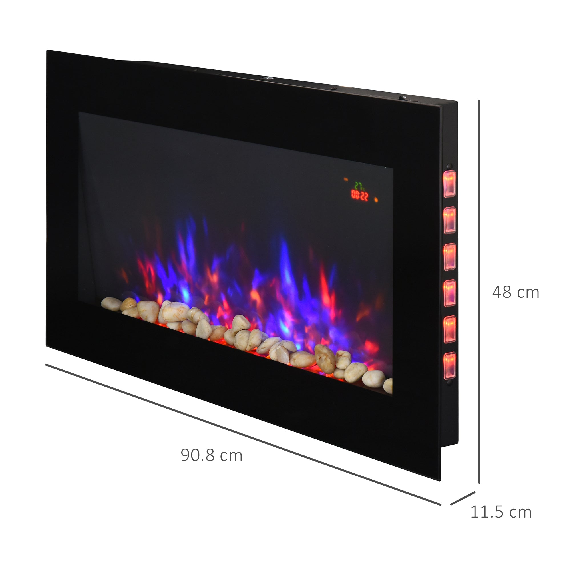 Fynco - LED Wall Mounted Fireplace Curved Glass Electric Fire Place for Living Room, 1000W/2000W, 48H x 90.8W x 11.5Dcm, Black
