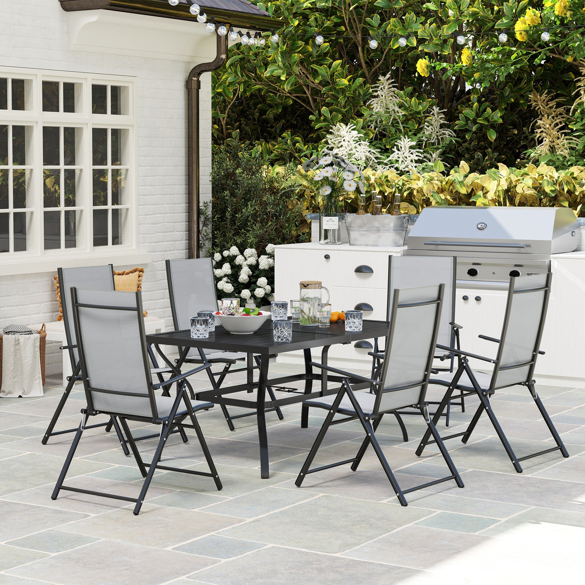 Seven-Piece Steel Outdoor Dining Set, with Parasol Hole - Grey