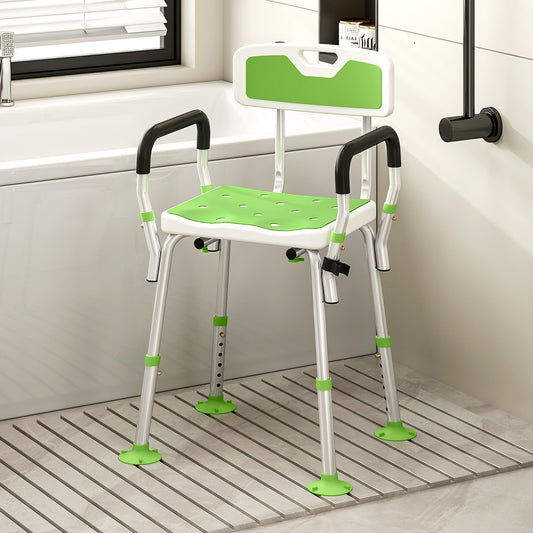 Fynco - EVA Padded Shower Chair for the Elderly and Disabled, Height Adjustable Shower Stool with Back and Arms, 4 Suction Foot Pads, Green