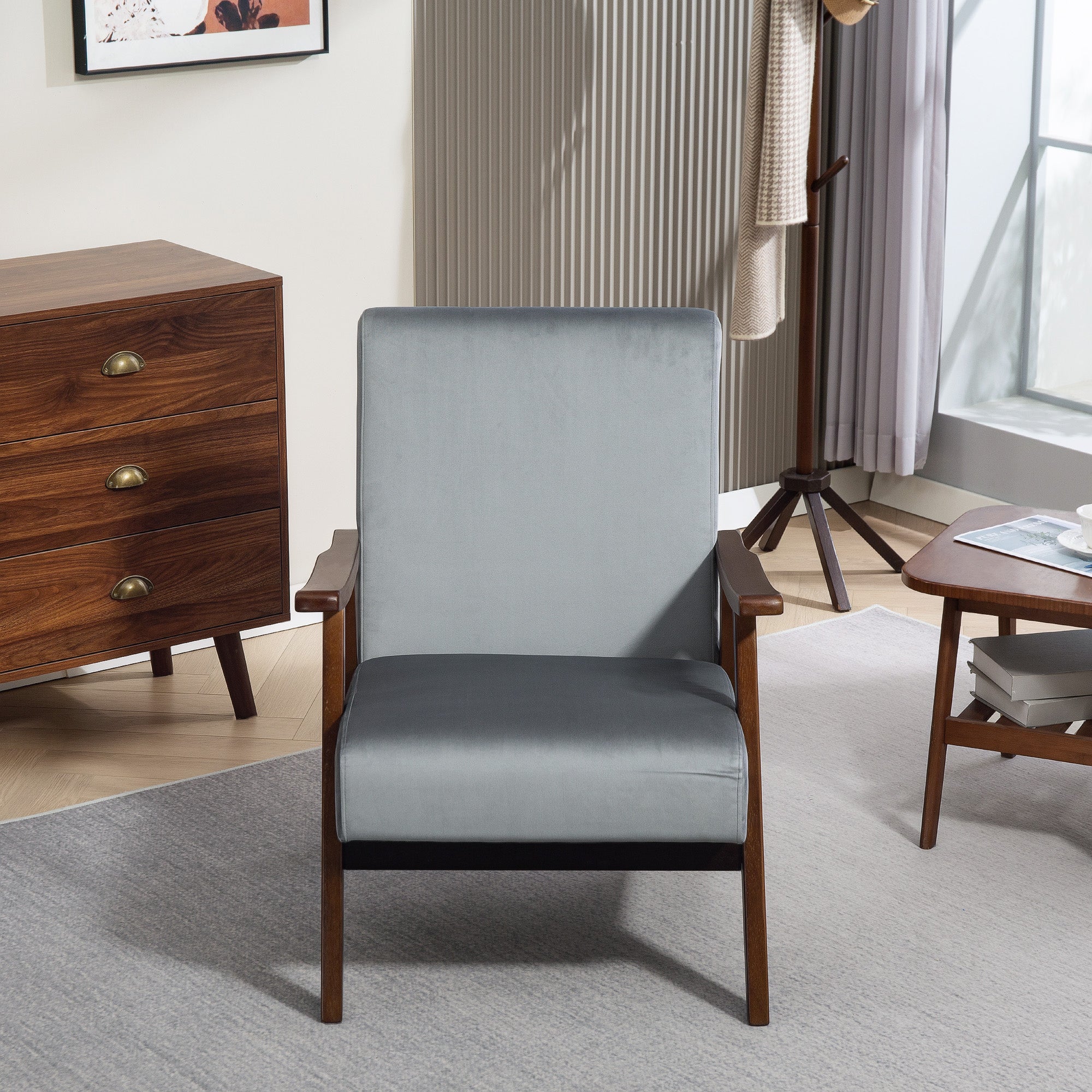 Nordic Accent Chair, Upholstered Velvet Armchair with Solid Wood Frame and Soft Thick Padded for Living Room, Bedroom, Grey
