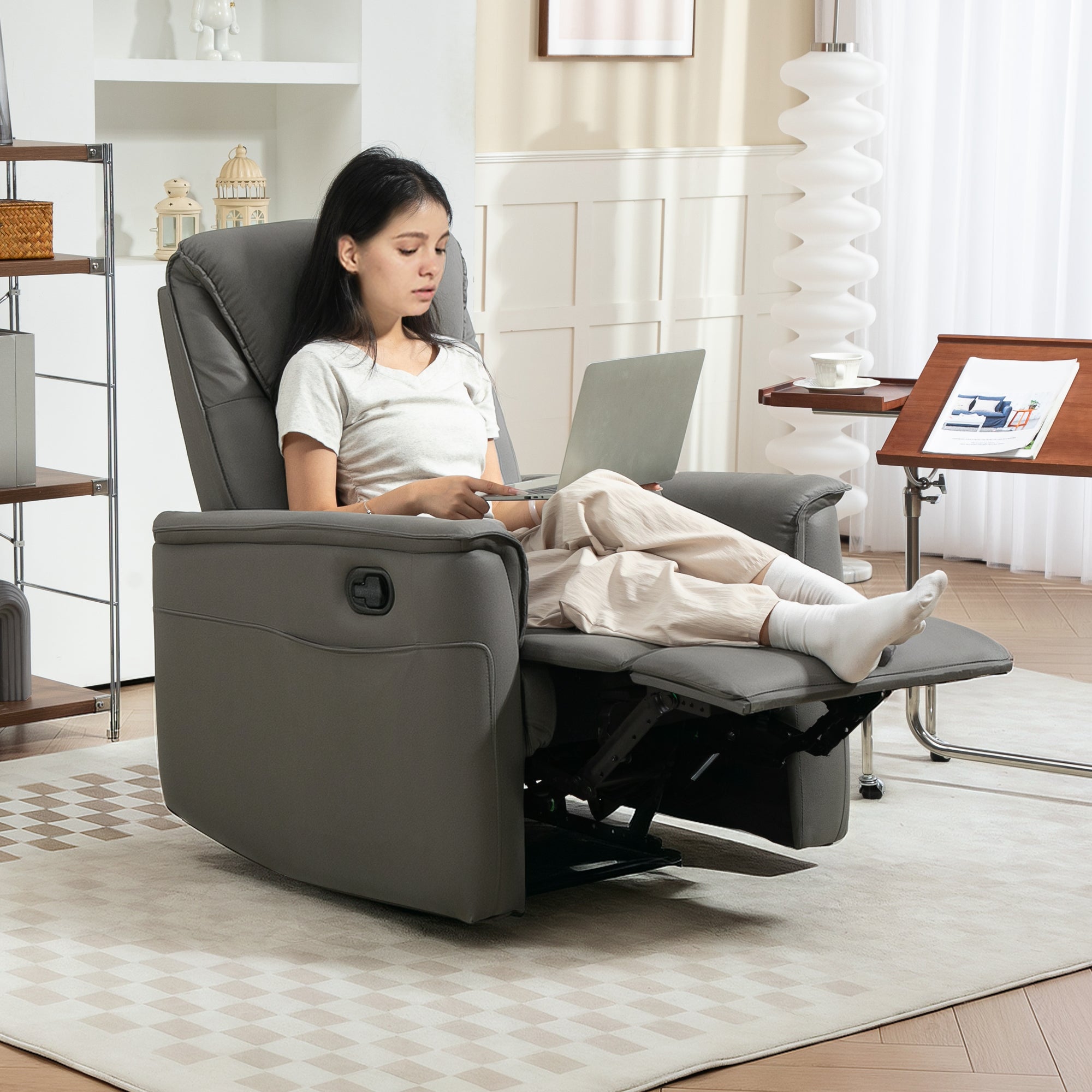 Recliner Armchair with Thick Padded Spring Cushion, Microfibre Manual Reclining Chair with Adjustable Leg Rest, Side Pockets for Living Room, Bedroom, Light Grey