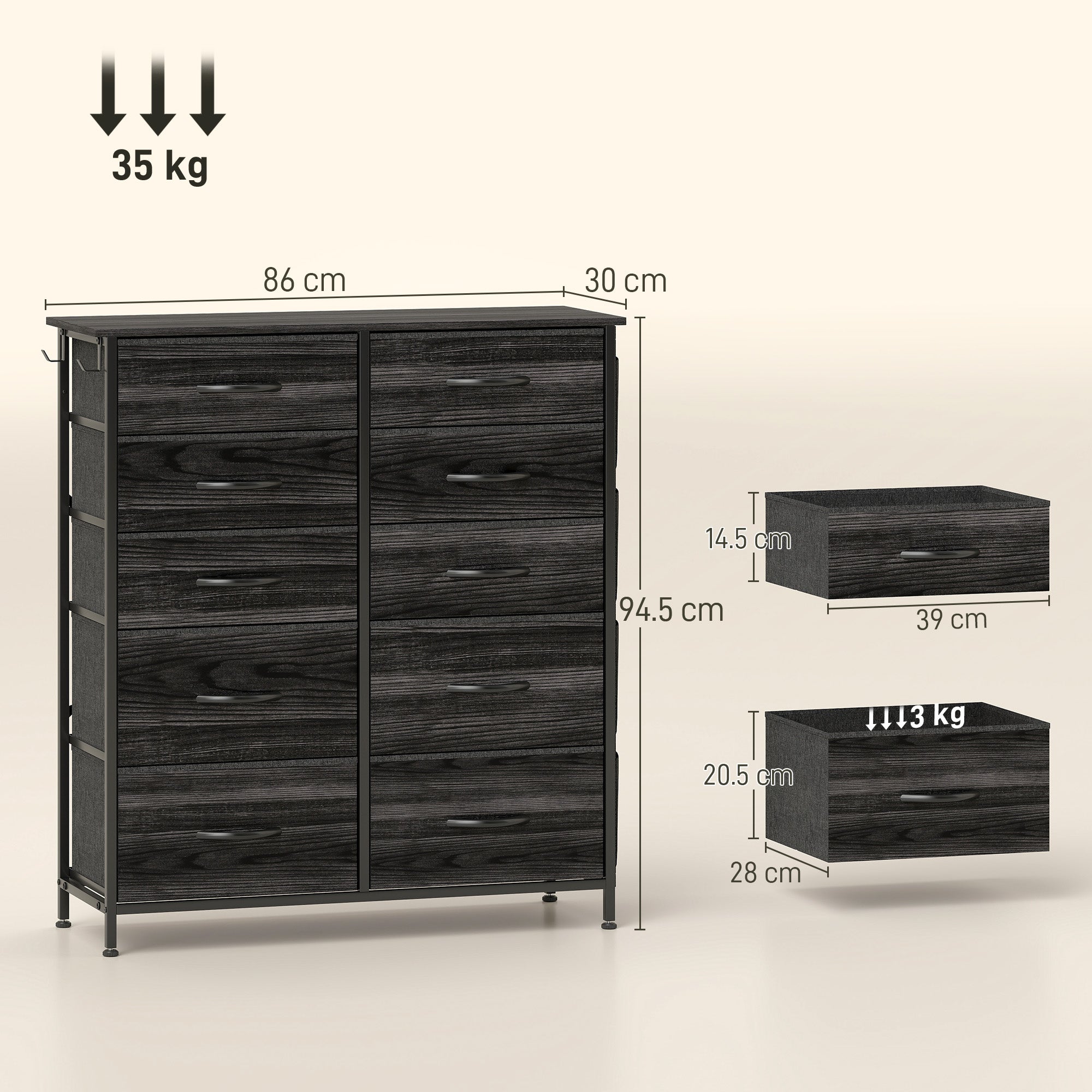 Chest of Ten Fabric Drawers - Black
