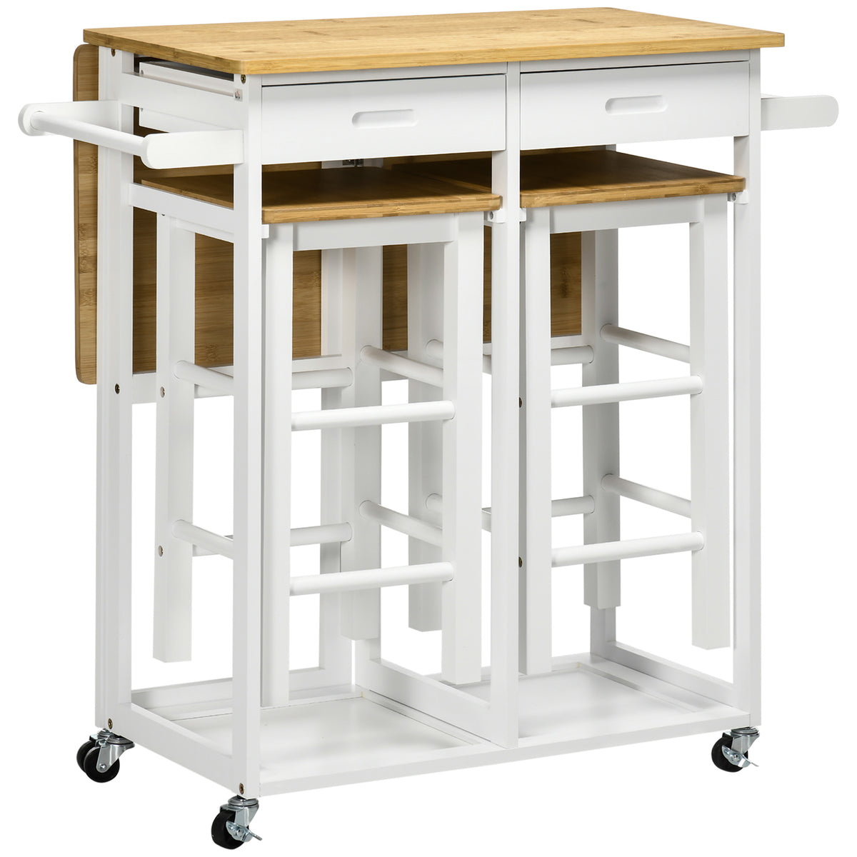 Fynco - Kitchen Island Set with 2 Stools, Bamboo Breakfast Cart with Drop Leaf Top, Drawers and Towel Rack, Rolling Kitchen Cart and Chairs Set, White
