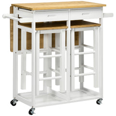 Fynco - Kitchen Island Set with 2 Stools, Bamboo Breakfast Cart with Drop Leaf Top, Drawers and Towel Rack, Rolling Kitchen Cart and Chairs Set, White