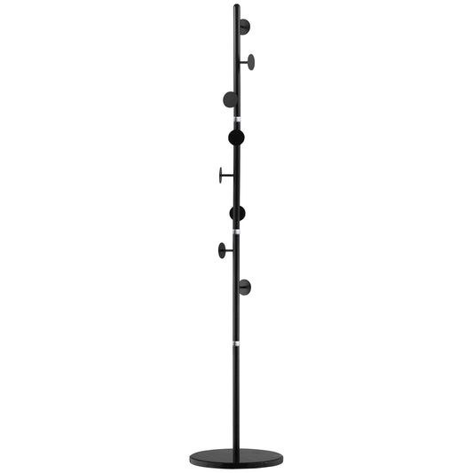 Coat Rack Free Standing Hall Tree with 8 Round Disc Hooks for Clothes, Hats,Purses, Steel Entryway Coat Stand with Marble Base for Entryway, Living Room, Bedroom, Black